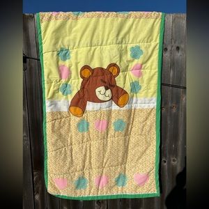 Vintage Sleeping Teddy Bear Covered in blanket Quilt  Yellow Green Heart…